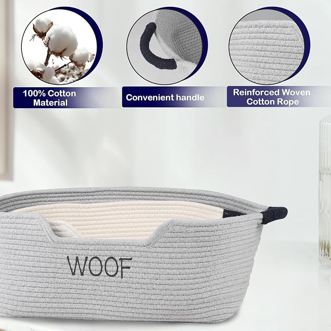 2 pack Dog Toy Baskets ,Pet Rope Basket for Dog Cat Toys,Dog Toy Bin with Handles,Woof Puppy Toy Storage Basket,Puppy Bed,Dog Stuff Organizer for Toys,Collar,Leash,Nursing Supplies-Beige+Gray