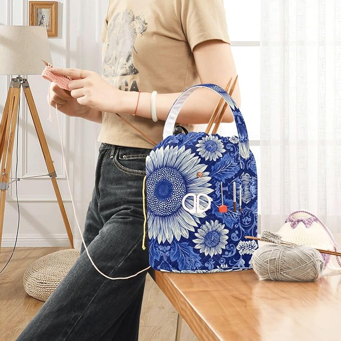 Tatenale Crochet Bag Yarn Bag Knitting Project Bag with Pockets and Handle Portable Yarn Storage Organizer Tangle Free 8.3x11 InchBlue and White Sunflowers Leaves10
