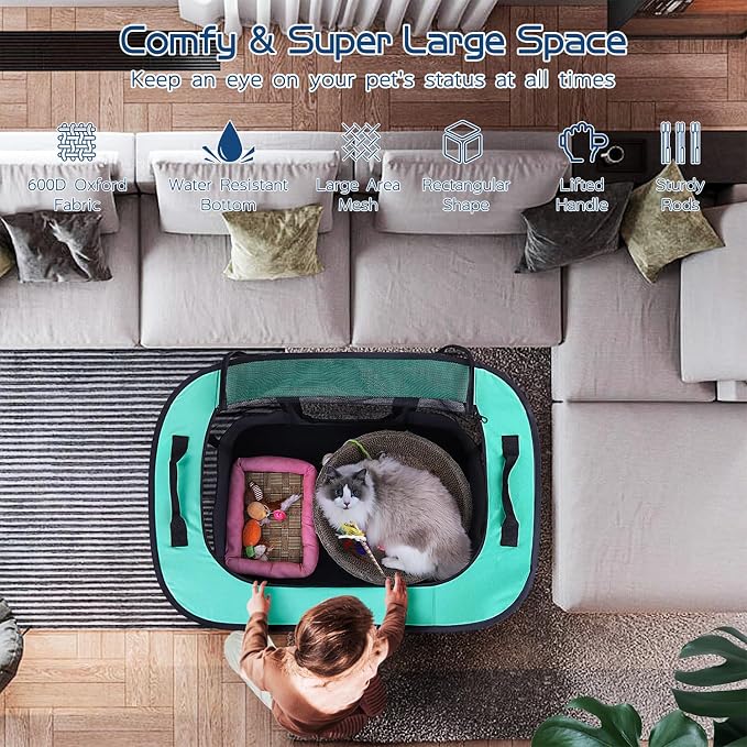 ROMANTIC BEAR Dog Playpen,Foldable Pet Puppy Cat Playpen,L(40"x32"x24") | Dog Crate with Upgrade Breathable Mesh and Durable 600D Oxford Cloth,Sturdy Dog Cage Indoor & Outdoor for Small Animals,Green
