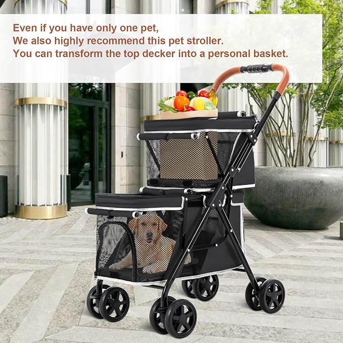 Double Pet Stroller for 2 Dogs & Cats, Double-Decker, Black | One-Hand Fold Two-Tier Stroller with Separate Cabins, 44 lb Capacity, 4 Tethers, Locking Front Wheels and Rear Brakes