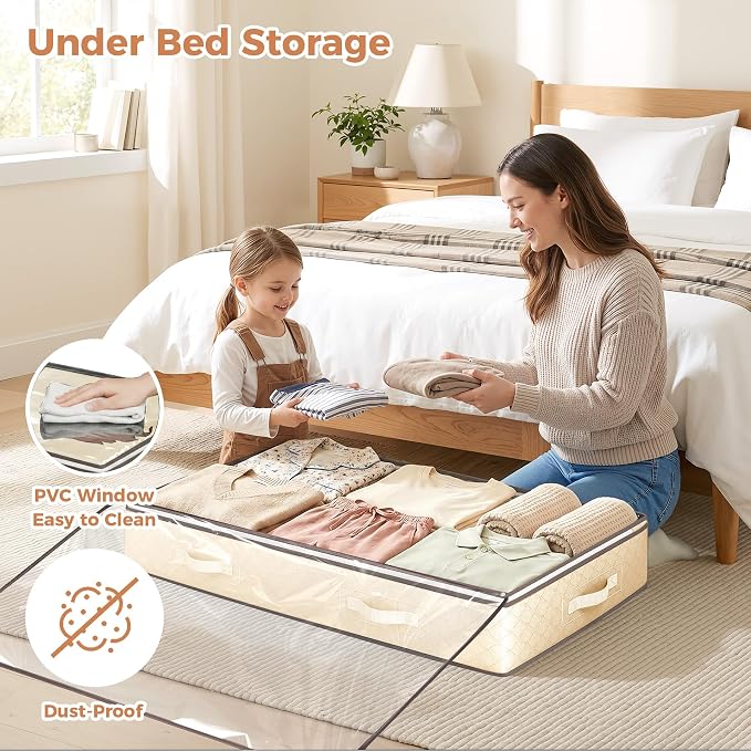 95L Underbed Storage Containers, 4 Pack Closet Organizers Beige | Underbed Storage Bags for Blankets, Towels, Comforter, Sweaters, Linen Sheets, Wrapping Paper