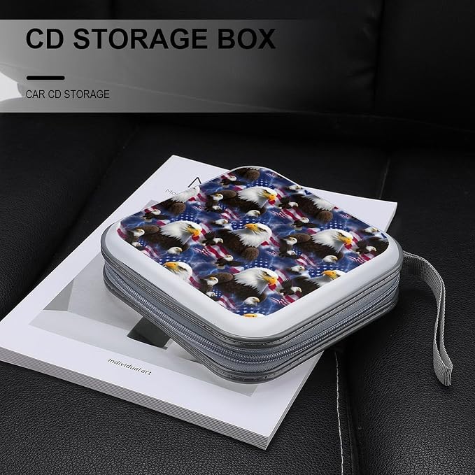 Hard Shell DVD Storage Binder American Flag Cool Bald Eagle, Holds 40 Discs, Portable Wallet with Carry Handle, Organizer for Car Home Office