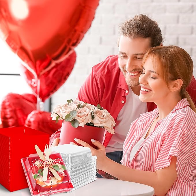 Whaline 50 Set Red Small Charcuterie Boxes with Clear Lids Forks Knives Mother's Day Clear Mini Dessert Box Disposable Food Container for Gift Giving Wedding Party Sandwich Cookie Sushi Cake