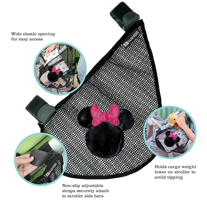J.L. Childress Disney Baby Side Sling Stroller Organizer & Caddy, Minnie | Disney universal stroller net attachment adds accessible storage for baby essentials to strollers with secure non-slip straps