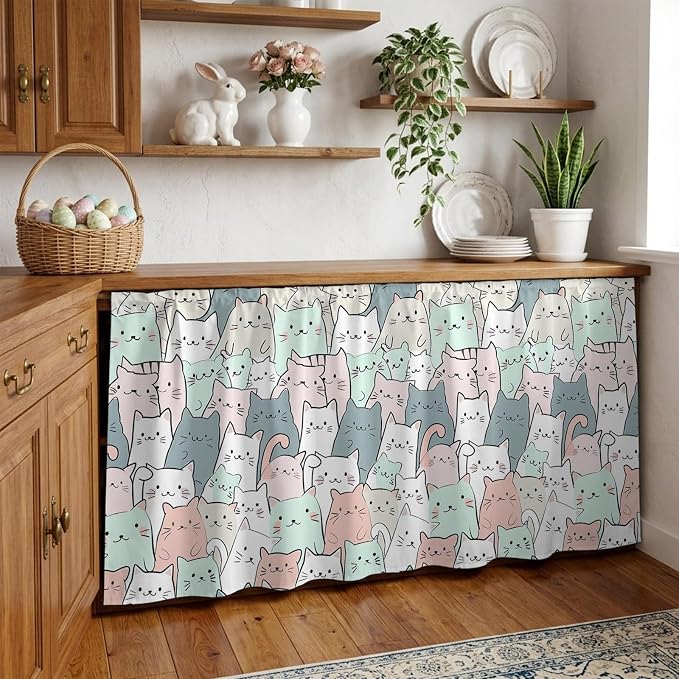 Cartoon Cat Cabinet Curtain 28"Wx51"L, Dustproof Storage Cabinet Curtain with Self Adhesive Tape, Funny Cute Colorful Animal Pet Tall Pantry Cover Drape for Kitchen, Laundry Room, Utility Closet