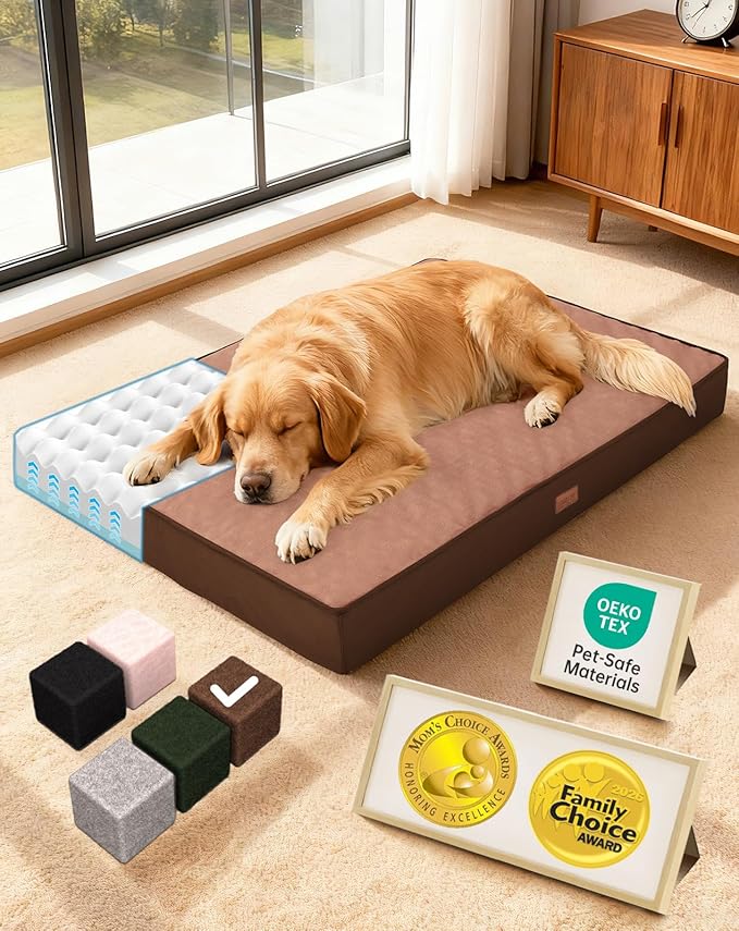 OhGeni Orthopedic Waterproof Large Dog Bed, Memory Foam, 41 inch(Brown) | Machine-Washable Removable Cover in Easy-Clean Fabric, Reversible Memory Foam & Easy-Carry Handle, Suitable for Crate