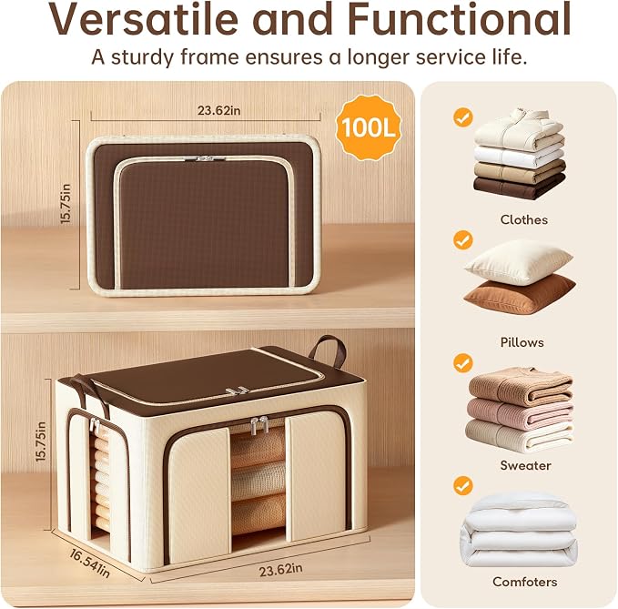 Clothes Storage Bins, 3 Openings, 100L, Brown | Metal Frame