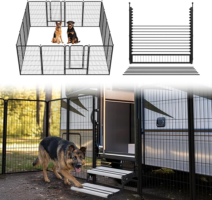 FXW Rollick Dog Playpen with RV Step Grid, 45" H, 16 Panels | Heavy-Duty & Easy setup Play Area, Helps Close Stair Gaps, Fits 32" RV Step Opening, For Large Dogs, Patented