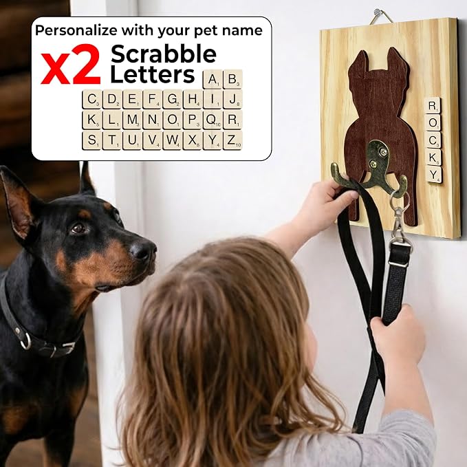 Doberman Dog Leash Holder Wall Mount with Scrabble Letters, Wooden Dog Wall Hook Organizer, Pet Collar and Harness Holder Entryway, Key Hook and Leash Rack, Gift for Pet Lovers, Home Decor PF297-33