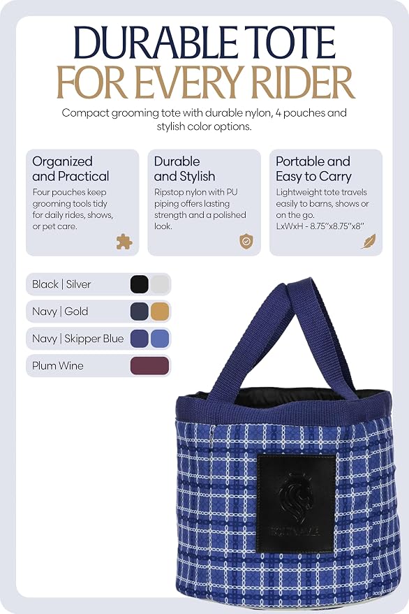 Equinavia Darby Mini Grooming Tote Bag for Horses, Dogs, Cats | Riding Supplies Organizer with 8.75" x 8.75" x 8" Interior - Navy/Skipper Blue - One Size