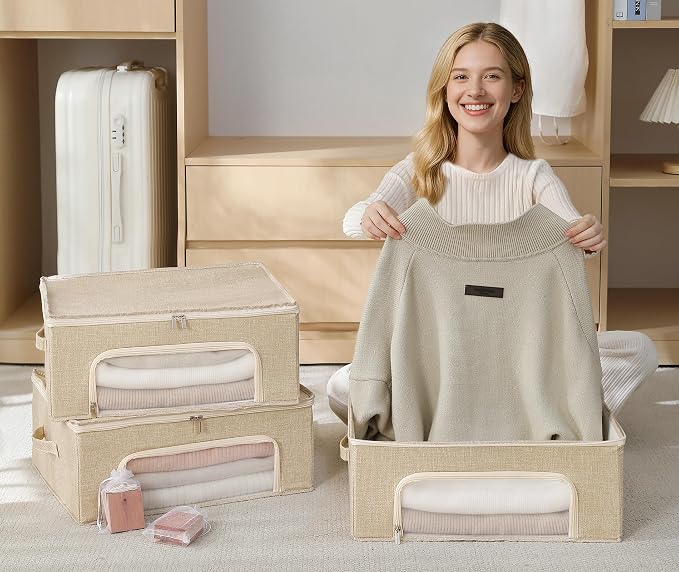 2-Pack Cashmere Sweater Storage Bags for Wool with Cedar Blocks, Beige | Breathable Cashmere/Wool Garment Storage, Mesh Window, Rigid PP Support, Cedar Protection, Foldable Closet Clothes Storage