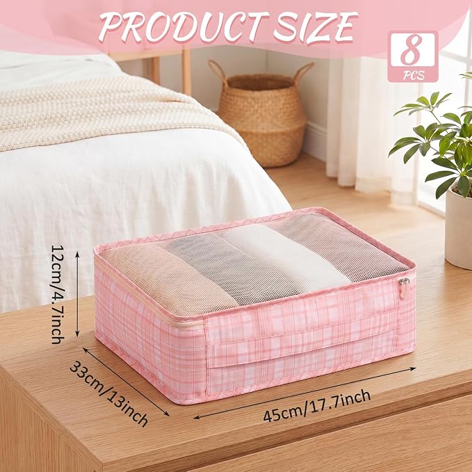 Silkfly 8 Pcs XL Packing Cube for Travel Luggage,Plaid,Pink | 17.7 x 13 x 4.7, Same Size, Pink Plaid Suitcase Storage Organizer Set, Reusable Mesh Clothes Cube for Hiking Camp Family