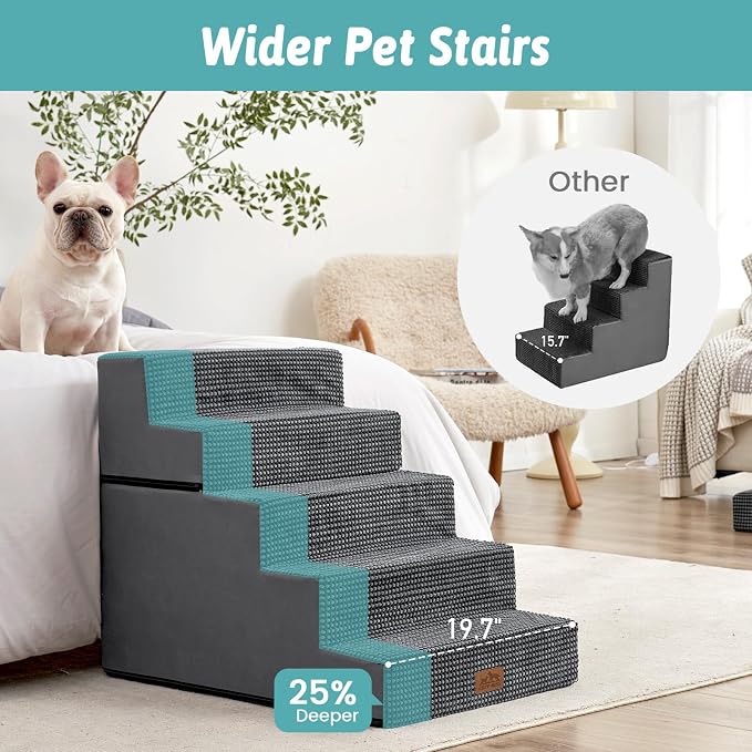 COZY KISS Dog Stairs for Small Dogs, 5 Step Pet Stairs for Beds & Couches | 23.6" H Wide Non-Slip Dog Steps with Removable Tiers & Support Board for Puppies, Older Cats & Dogs, Dark Grey