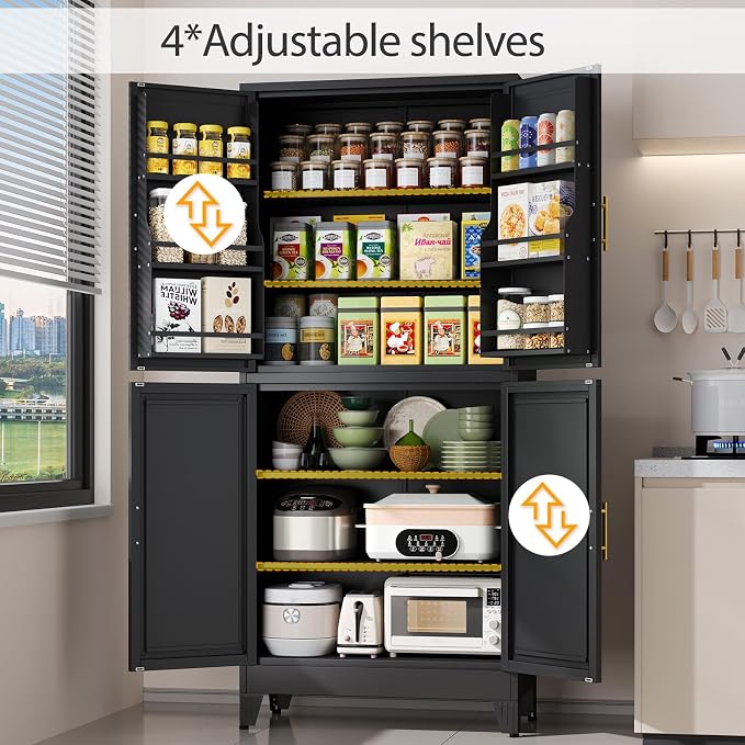 Black Kitchen Pantry Storage Cabinet, 75" Metal Storage Cabinet | Steel Storage with Doors and 3 Adjustable Shelves, Metal Freestanding Buffet Cupboards Sideboard, for Office, Home, School