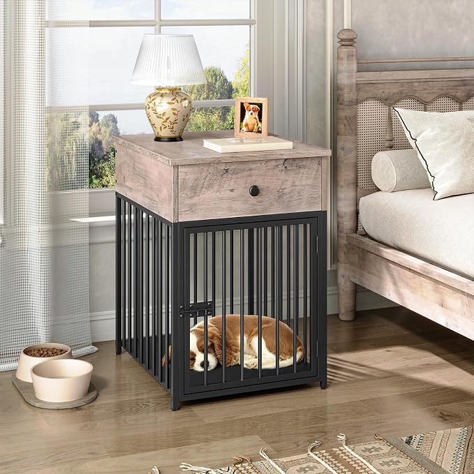 HOOBRO Dog Crate Furniture, Wooden Dog House, Decorative Dog Kennel with Drawer, Indoor Pet Crate End Table for Small Dog, Steel-Tube Puppy Cage, Chew-Proof, Greige BG01GW03