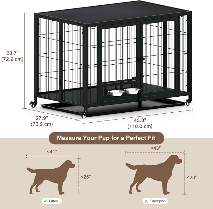 43.3" Heavy Duty Large Dog Crate with Wheels & Feeding Bowls, 3 in 1 Foldable Extra Large Dog Kennel & Playpen, Indestructible Escape-Proof Metal for Large Dogs, Indoor Outdoor, Black