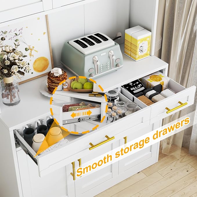 71 Sideboard Buffet Cabinet, Metal Kitchen Coffee Bar Cabinet White | Pantry Sideboard Storage, Coffee Bar Table Console with Cable Hole, Drawers, Adjustable Shelves for Kitchen, Living Room
