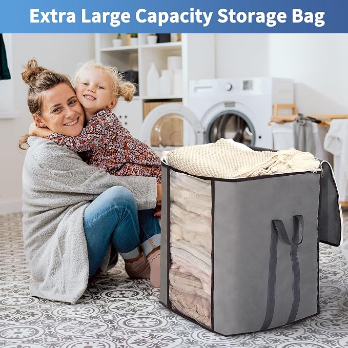 Blanket Storage Bags 120L for Comforter Clothes Bedding Sheet 4 Pack Grey | Thick Fabric, Reinforced Handles, Foldable Design, for Blankets Comforters Clothes Pillows Quilts and Bedding
