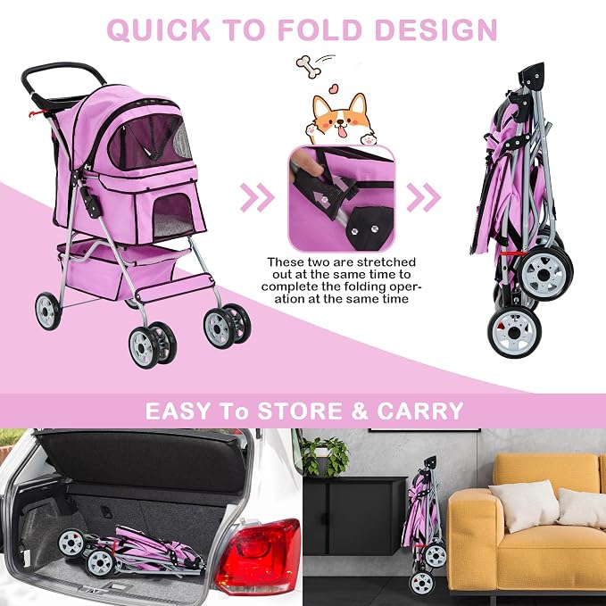 Pet Stroller,4 Wheels Dog Stroller with Storage Basket,Compact Portable Folding Carrier for Travel,Camping,Dog Carrier for Small Medium Dogs Or Cats,Lightweight Waterproof Pet Stroller,Pink