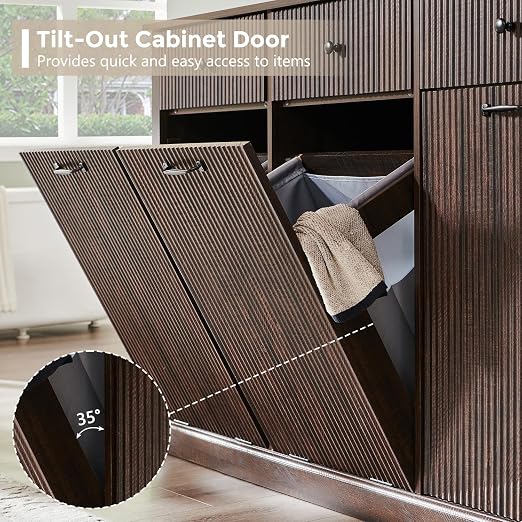 IFGET Triple Tilt Out Trash Can Cabinet, Modern Fluted Laundry Hamper Cabinet with 3 Drawers, 20 Gallon Hidden Wooden Garbage Can Cabinet w/Storage Basket & Adjustable Shelf, for Kitchen, Brown