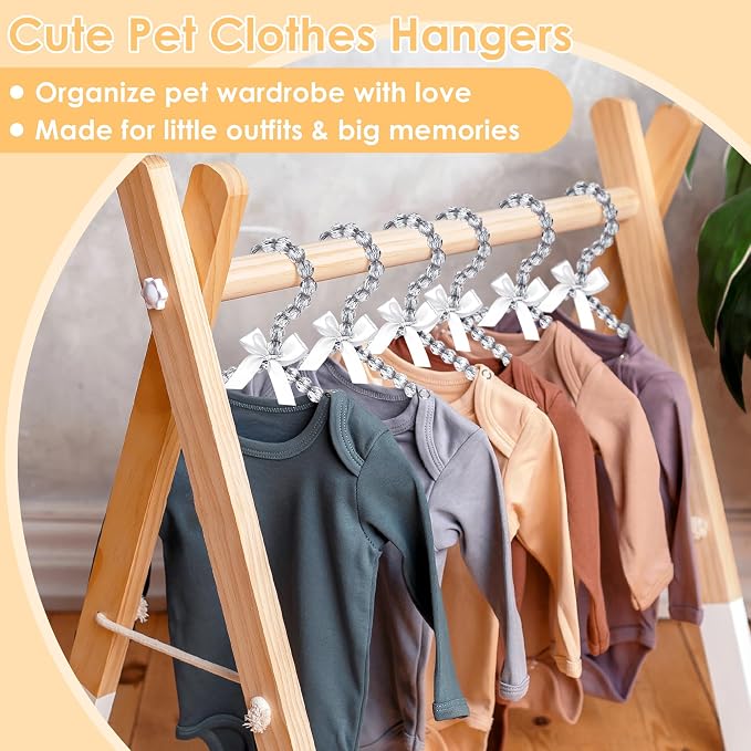 Mini Beaded Closet Hangers for Kid Clothes - Pack of 5, 7.8" Cute Organizers for Small Garments, Pet Outfits, Boutique Displays, Satin Bow Detail - Gentle Gray