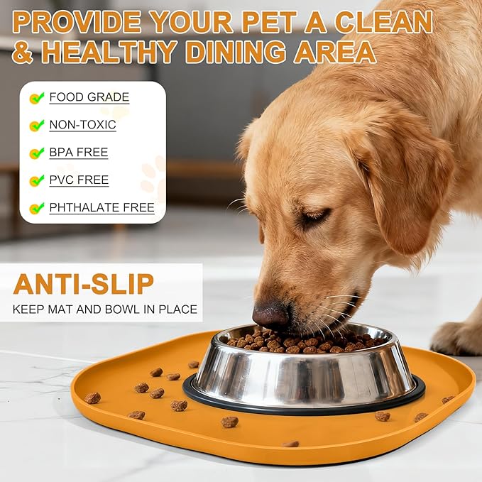 Smilool Small Silicone Pet Food Mat with Raised Edge for Food and Water Bowl, Square Dog Feeding Mats, Cat Food Trays for Floor Waterproof, Rubber Tray for Dogs and Cats, 12 x 12 x 0.7 Orange