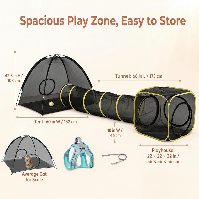 Extra-Large Outdoor Cat Tent for Indoor Cats, Portable 3-in-1 Mesh Cat Enclosure with Tunnel & Playhouse, Outside Cat Playpen for Small Animals, Pop Up Catio with Harness Leash and Tease Ball