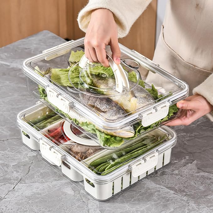 Fruit Storage Container, Highly Sealed PET Refrigerator Organizer Box Portable Vegetables Fruit Containers for Kitchens, Restaurant, Picnic (Outer Box)