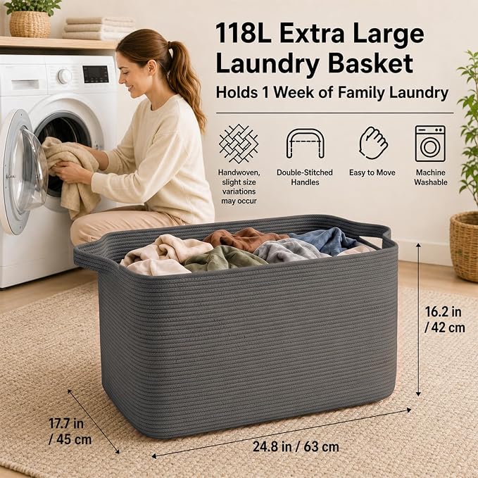 OIASKET 118L Extra Large Blanket Basket Living Room, 24.8"x17.7"x16.2" | Woven Rope Baskets for Storage, Nursery Blanket Storage for Living Room, Toy Basket with Handle Organizing Comforter Pillows