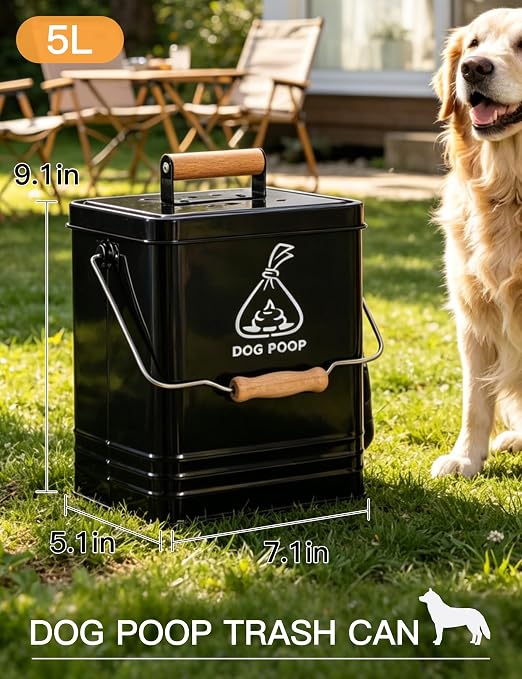 Dog Poop Trash Can Outside, Metal Pet Waste Trash Can with Lid & Handle, 5L/1.3Gal Dog Waste Station with Bag Holder & 30 Bags(Black)