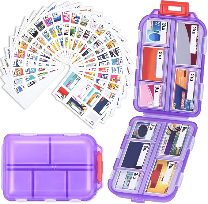 Travel Pill Organizer with 189 Labels, 10 Compartments Pill Travel Case Travel Medicine Organizer Purse Essentials Travel Daily Pill Container Mini Pill Case(Purple, 1 Pack)