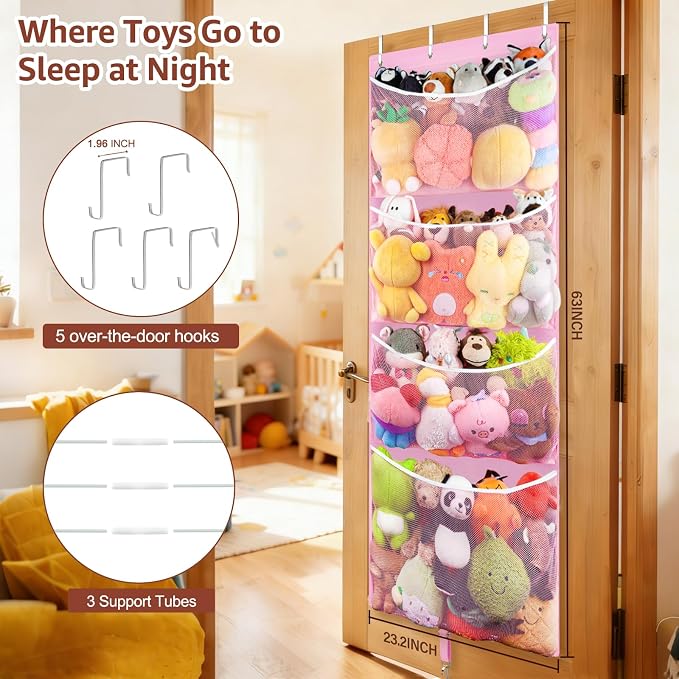 Over Door Stuffed Animal Storage, Hanging Plush Toy Organizer Holder | Behind Door Organizer with 4 Large Pockets, Mesh Hammock Bag for Doll & Bear Stuffies, Idea for Girl Boy Kid Nursery Closet
