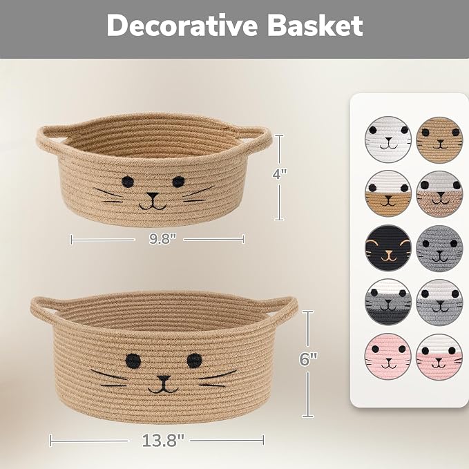 Medium Woven Rope Cat Toy Basket with Cat Face, Grey | 13.8" x 6" Cat Toy Storage Bin for Living Room & Nursery, Pet Gift Basket Empty with Sturdy Handles, Cozy Cats Bed