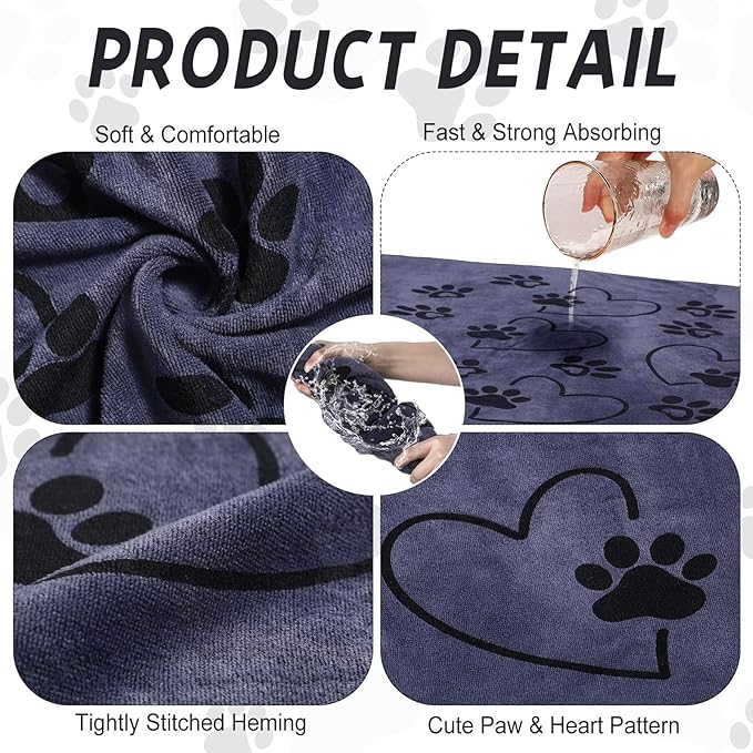 Fanfanwin 4 Pcs Dog Bath Towels Microfiber Drying Dog Towel Absorbent Pet Heart Paw Towels for Medium Dogs Puppy Cats Pets Shower(Gray)