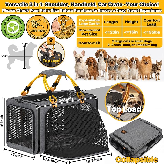 PAWZIDEA Expandable Large Pet Carrier, Soft-Sided 2–4 Cats Carrier Up 55lbs | 24"×16"×16" Collapsible Small to Medium Dog Carrier Travle Bag, Portable Dog Crate for Car Travel, Breathable, Storage Pocket