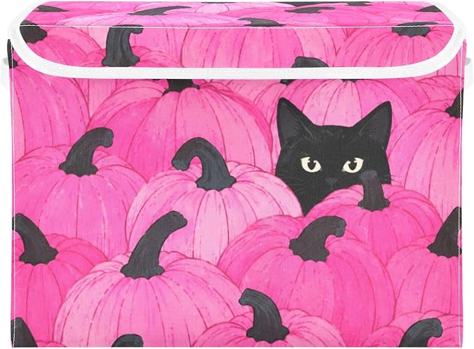 Fabric Storage Bins with Lid Pink Pumpkin Closet Storage Basket 40L | Decorative Storage Boxes, 300D Oxford Cloth, Hollow Board Frame, Flip Top Velcro Lid, 16.5x12.6x11.8 inch, Collapsible Design