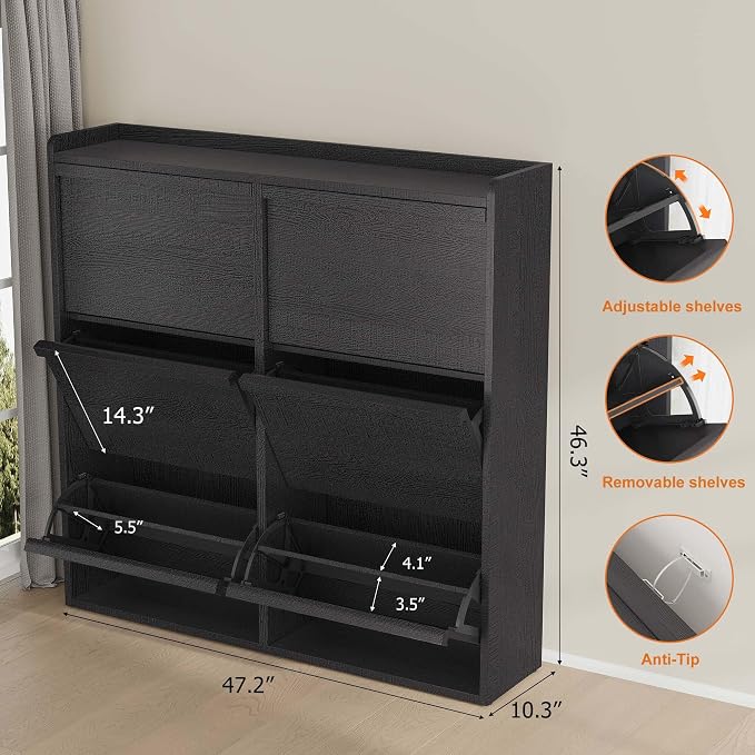 GarveeHome Shoe Cabinet with 6 Flip Drawers, Wooden Shoe Organizer Cabinet with Adjustable Shelf, Shoe Storage for Entryway, Hidden Shoe Cabinet for Hallway, Living Room, Black