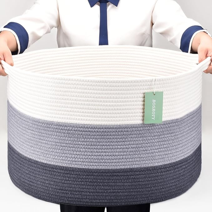 Large Cotton Rope Blanket Basket, 87L Laundry Hamper, White & Gray