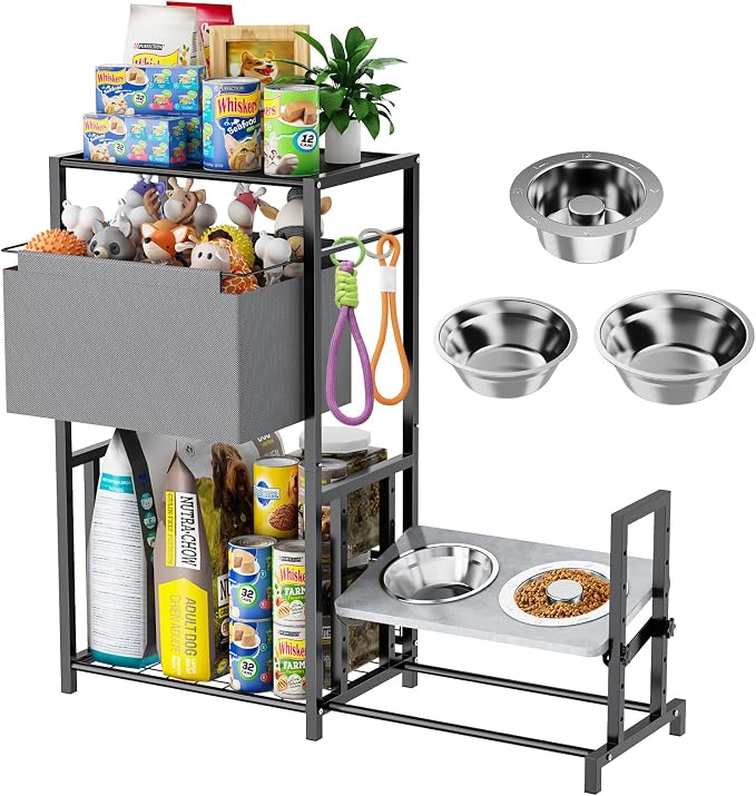 Elevated Dog Bowl Stand with Removable Toy Bin Basket, 6 Height Adjustable Raised Dog Stand, Pet Feeding Station Cabinet with Storage Organizer for Large Medium Small Breed