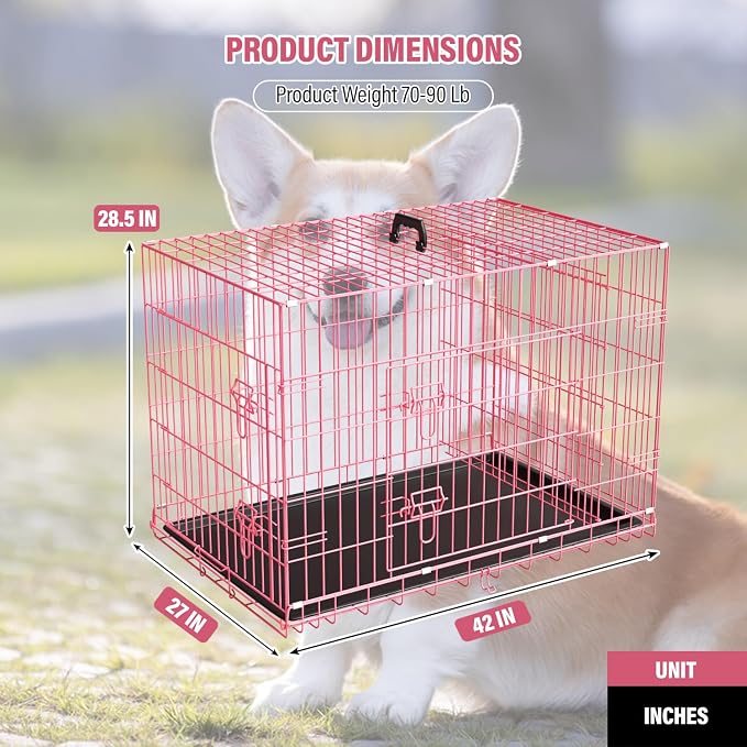 Large Dog Crate Kennel Metal Dog Cage for Medium Large Dogs Double-Door Folding Travel Indoor Outdoor Puppy Playpen with Divider and Handle Plastic Tray,42",Pink