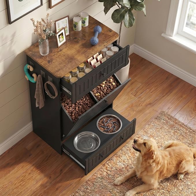 Dog Feeding Station Cabinet Elevated Bowls (Black, Classic Panel) | Slow Feeder Insert, Large food bin, Removable Divider, 3 Side Hooks, Pull-Out Drawer, Easy to Clean for Small & Middle Dogs