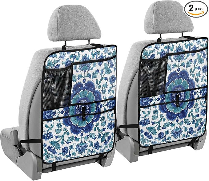2 Pack Back Seat Car Organizer with Storage Pockets Kick Mats Back Seat Protector Hanging Car Organizer Automotive Seat Back Cover Organizers Floral Blue and White Vine