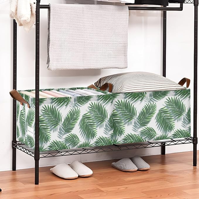 Tropical Green Palm Leaves Storage Basket Foldable Cube Storage Bins with Handles&Label Waterproof Collapsible Organizer Box Bin Large Rectangle Decorative Baskets for Shelves Home Room Laundry-2 PC