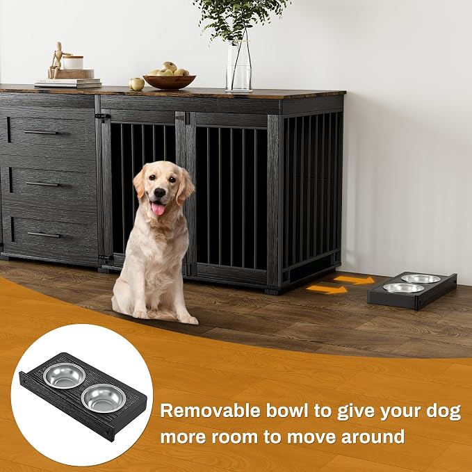 OUYESSIR 94.5" Double Dog Crate Furniture for Medium Large Dogs, Black | Extra large dog kennel fits 2 Medium or large dogs, 3 Storage Drawers, 4 removable Stainless steel dog bowls, Solid Wood