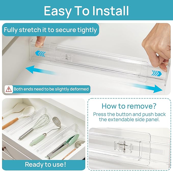 Vtopmart 8 Pack Shallow Drawer Dividers, 2.36" High 12.5"-20.8" Adjustable Expandable Kitchen Drawer Organizer, Clear Plastic Organizer Separators for Flatware, Utensil, Cutlery, Underwear, Clothes | Expandable Kitchen Drawer Organizer, Clear Plastic O...