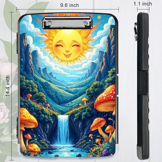 A4 Clipboard with Storage Pen Holder, Clipboards Organizer Nursing Clipboard Foldable File Folder Plastic Clipboard Folio Clip Board for Office Work Classroom Doctor, Stream Sun Mushroom