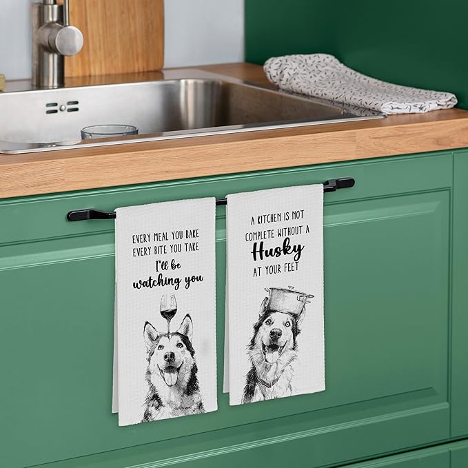 Funny Dog Husky Kitchen Towels Set of 2, Cute Dish Towel Gifts for Dog Lovers Mom Christmas, Every Meal You Bake Hand Towels Decor for Bathroom, Rustic Tea Bar Towel for Dining Room 16x24in