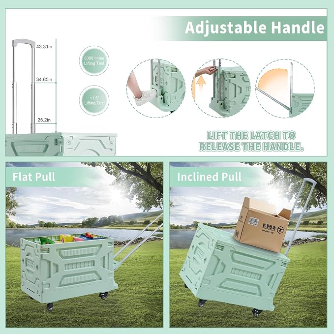 VECELO 88LHeavy-Duty 2-in-1 Foldable Utility Cart, Large Capacity Rolling Crate, Thickened Material with Silent Swivel Wheels, Dual Modes (Basket/Flatbed) for Grocery, Laundry, Camping, Green