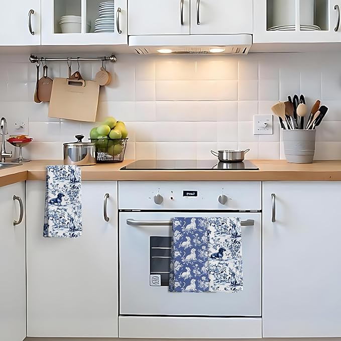 Chinoiserie Dachshund Kitchen Towels Set of 3, Blue and White Floral Botanical Dachshund Decorative Dish Tea Towels, Grandmillennial Weiner Dog Hand Towels for Kitchen Bathroom, 16x24 Inch