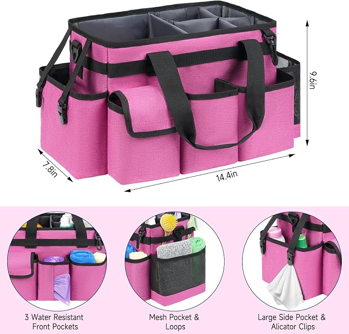 Cleaning Caddy,Cleaning Bag for Housekeepers,Cleaning Supplies Organizer with Handle,Rose Red